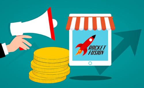 Hand holding a megaphone, pile of coins, store-front with rocketfusion logo