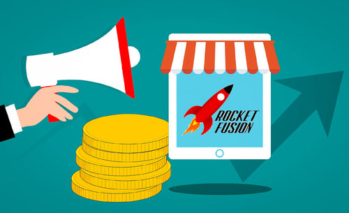 graphic of hand holding a megaphone next to a pile of coins and store front