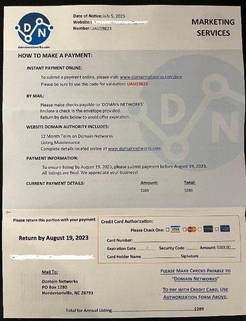 Domain Networks Marketing Services scam invoice